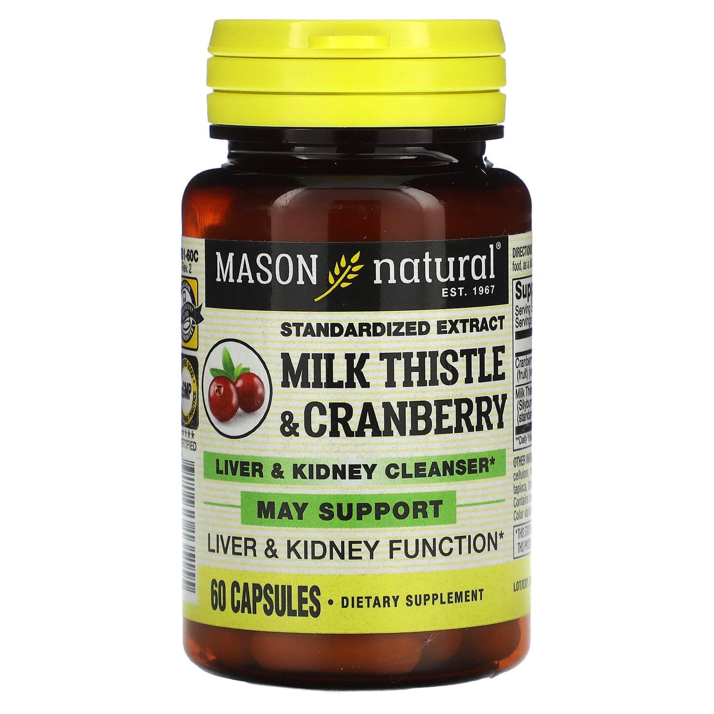 Mason Natural-Milk Thistle/Cranberry-Standardized Extract-Liver & Kidney Cleanser-60 Capsules