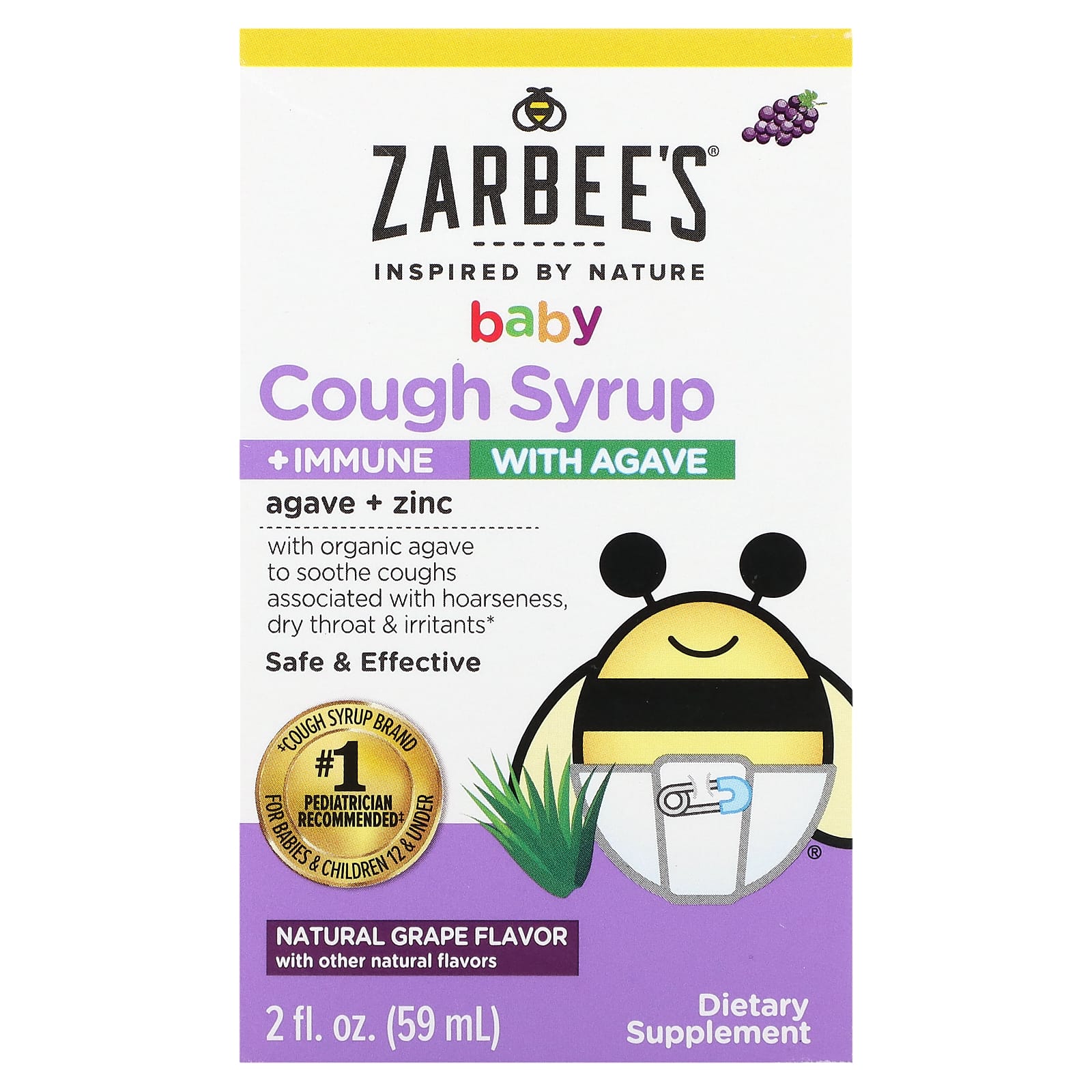 Zarbee's-Baby-Cough Syrup + Immune with Agave-Natural Grape-2 fl oz (59 ml)