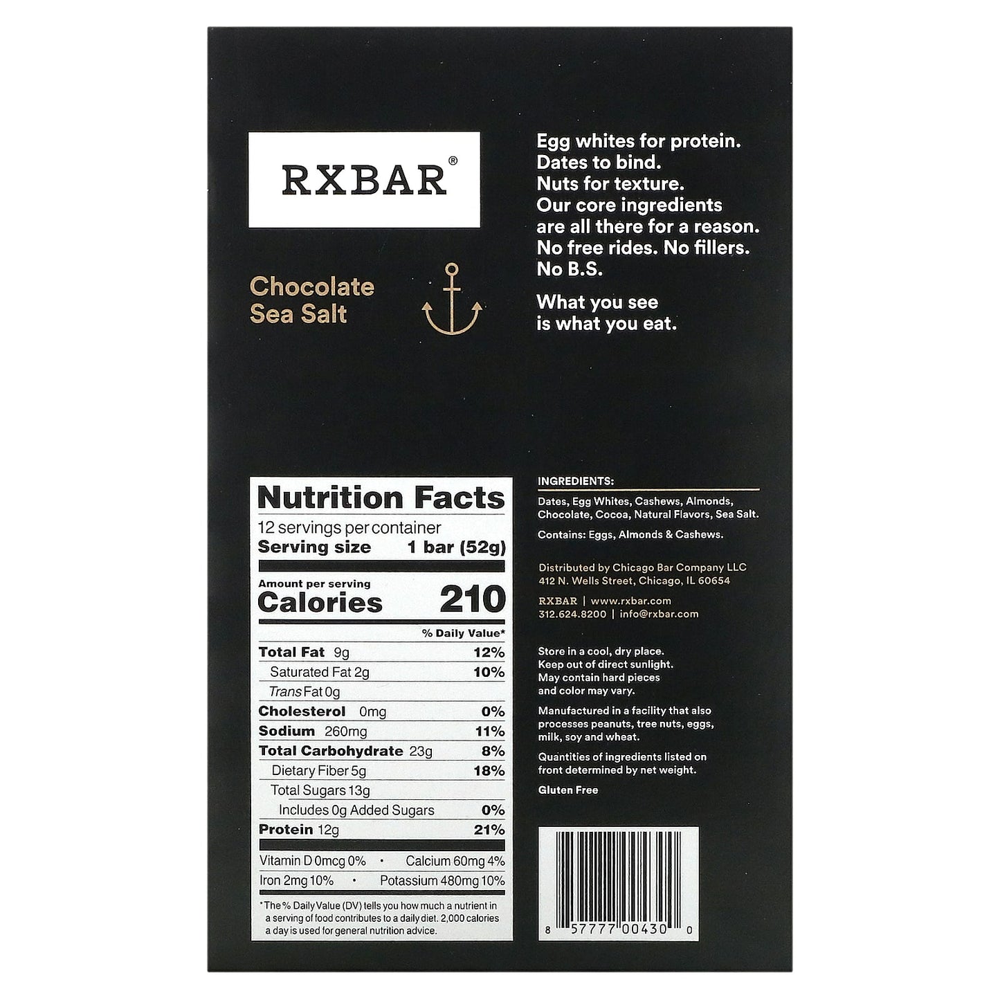 RXBAR, Protein Bar, Chocolate Sea Salt, 12 Bars, 1.83 oz (52 g) Each