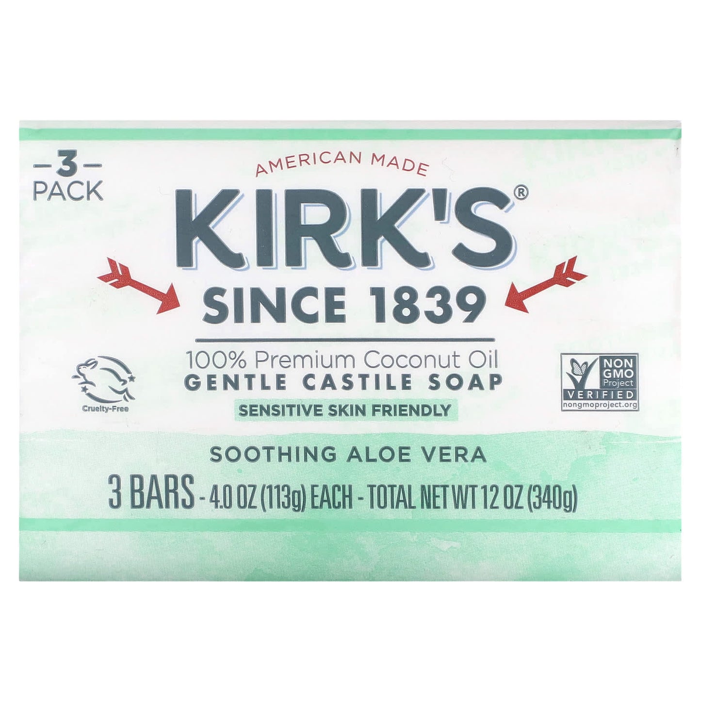 Kirk's, Gentle Castile Soap, Soothing Aloe Vera, 3 Bars, 4 oz (113 g) Each