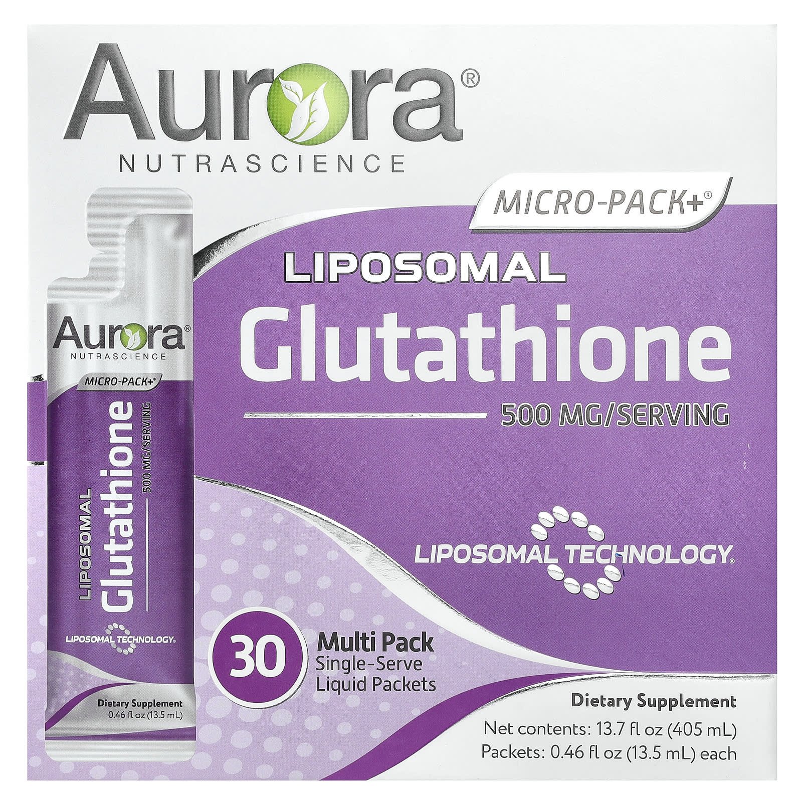 Aurora Nutrascience-Micro-Pack+-Liposomal Glutathione-500 mg-30 Single-Serve Liquid Packets-0.46 fl oz (13.5 ml) Each