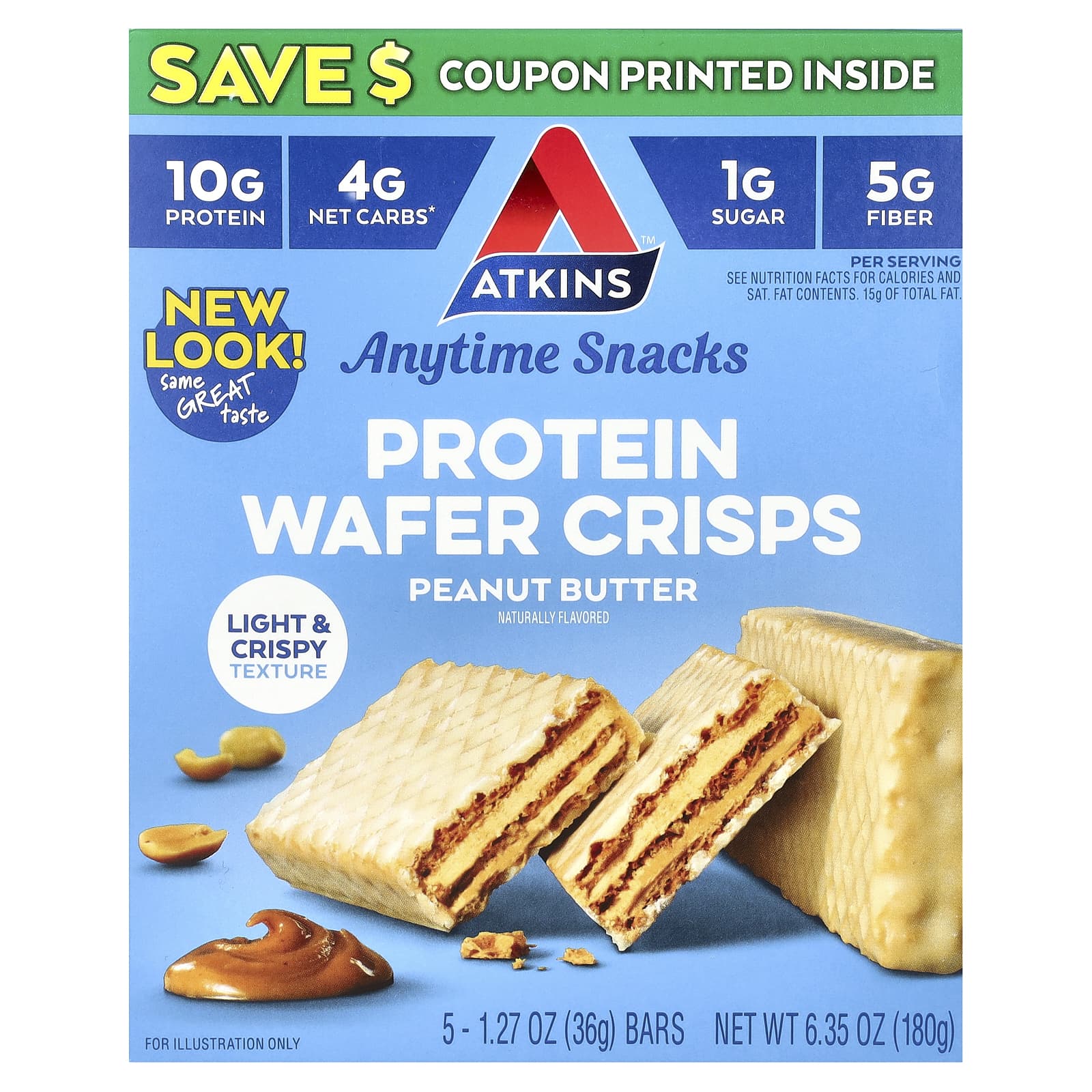 Atkins-Anytime Snacks-Protein Wafer Crisps-Peanut Butter-5 Bars-1.27 oz (36 g) Each