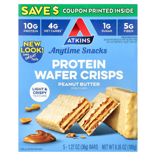 Atkins-Anytime Snacks-Protein Wafer Crisps-Peanut Butter-5 Bars-1.27 oz (36 g) Each