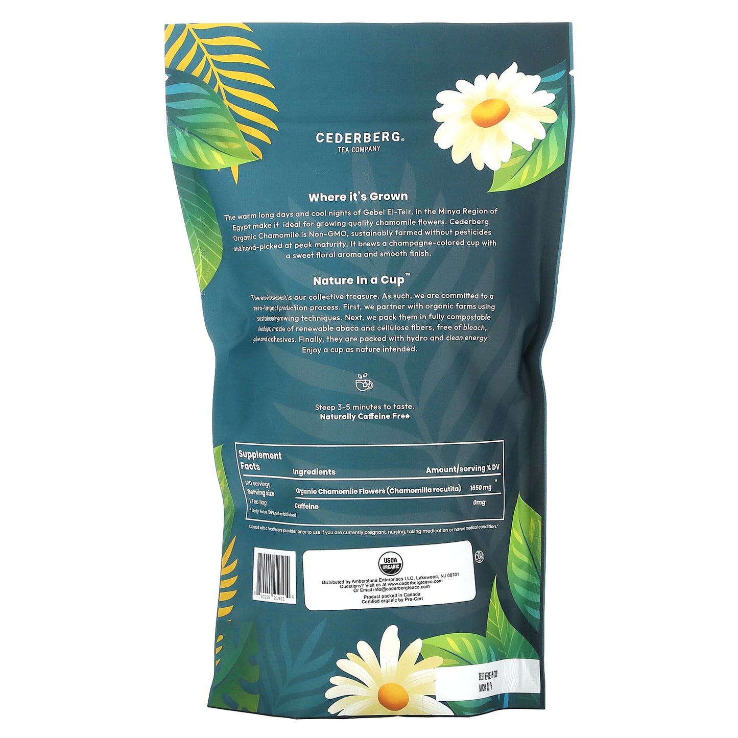 Cederberg Tea Co, Organic Chamomile, Caffeine Free, 100 Natural Tea Bags, 5.82 oz (165 g)