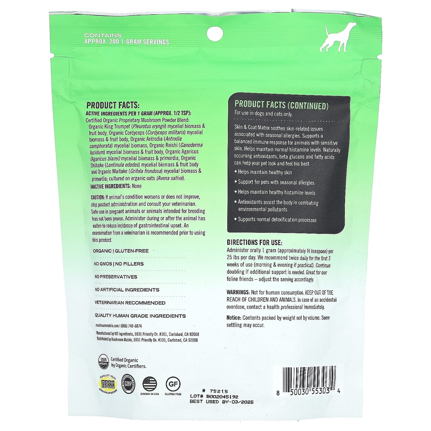 Mushroom Matrix Canine, Skin & Coat, Certified Organic Mushroom Powder, For Cats and Dogs, 7.1 oz (200 g)