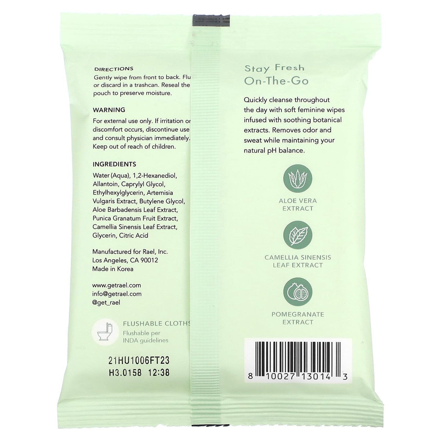 Rael, Natural Feminine Wipes, Fragrance Free, 10 Count