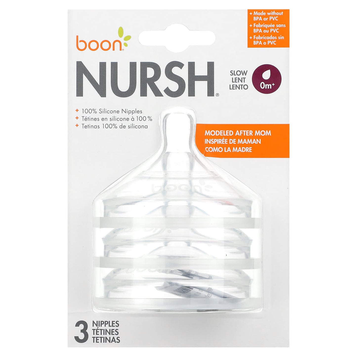 Boon-Nursh-100% Silicone Nipples-0 months+-Slow Flow-3 Nipples