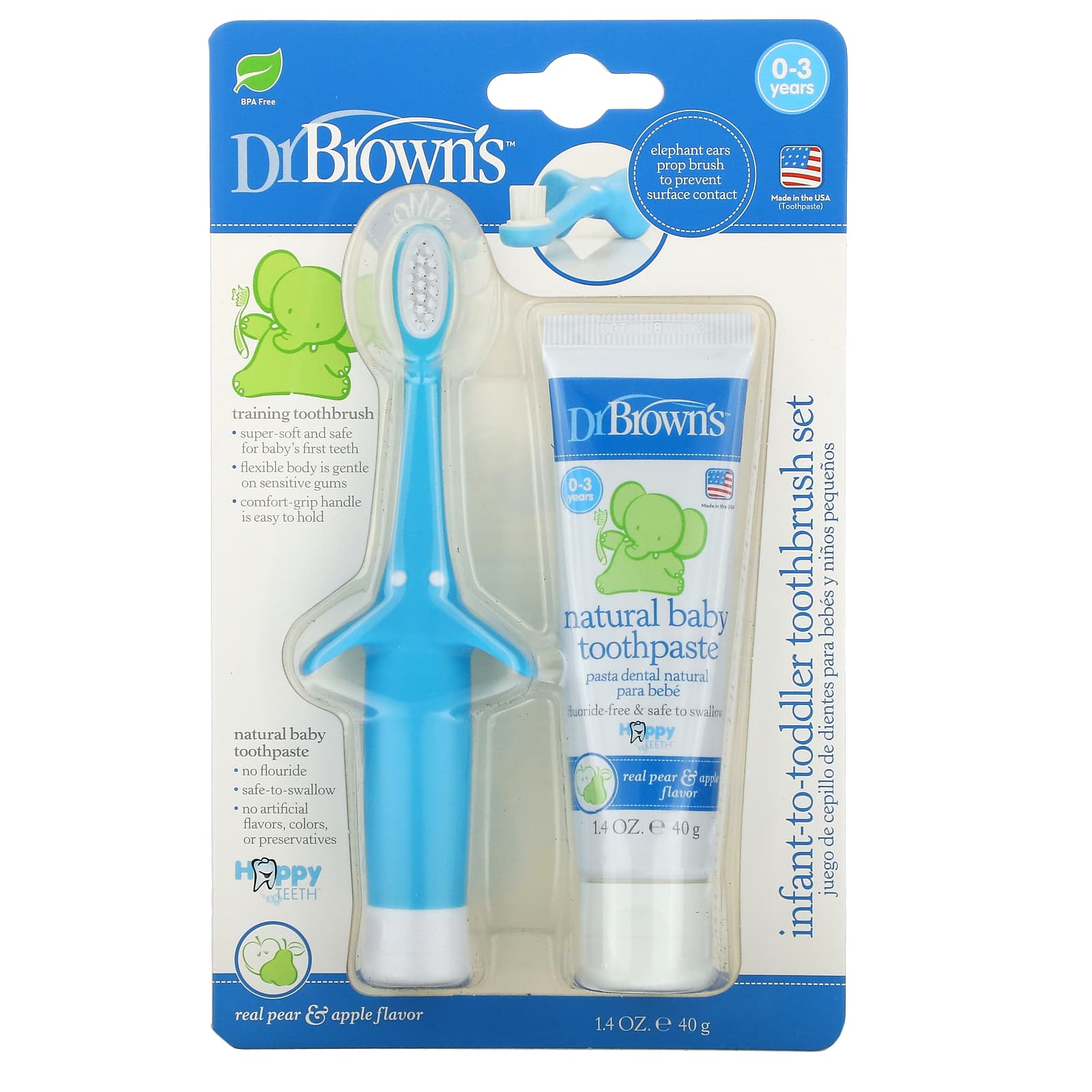 Dr. Brown's-Infant to Toddler Toothbrush Set-0-3 Years-Blue-Real Pear & Apple Flavor-2 Piece Set