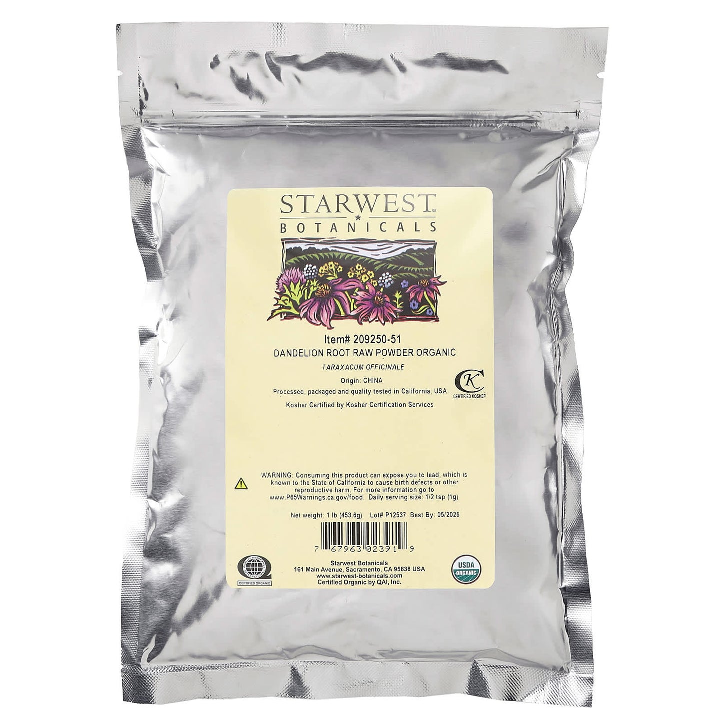 Starwest Botanicals, Organic Dandelion Root Raw Powder, 1 lb (453.6 g)