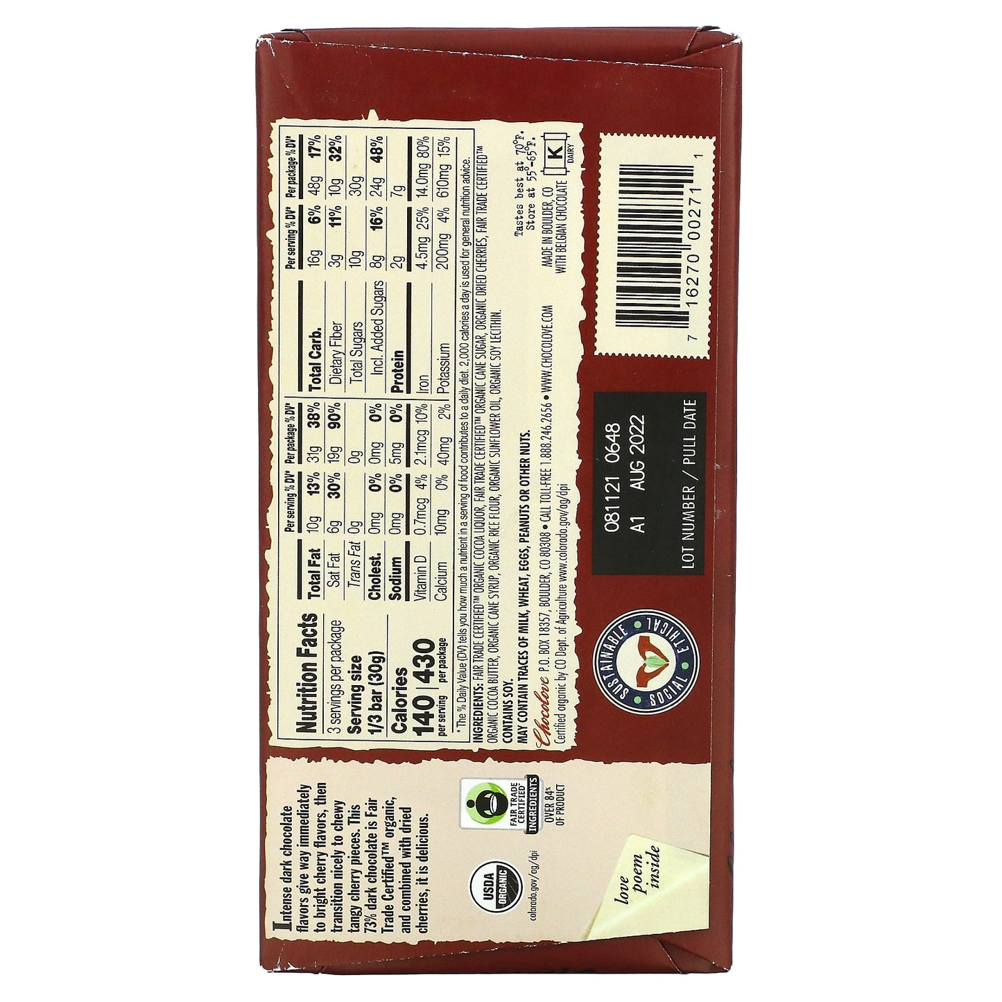 Chocolove, Cherries In Dark Chocolate, 73% Cocoa, 3.2 oz (90 g)