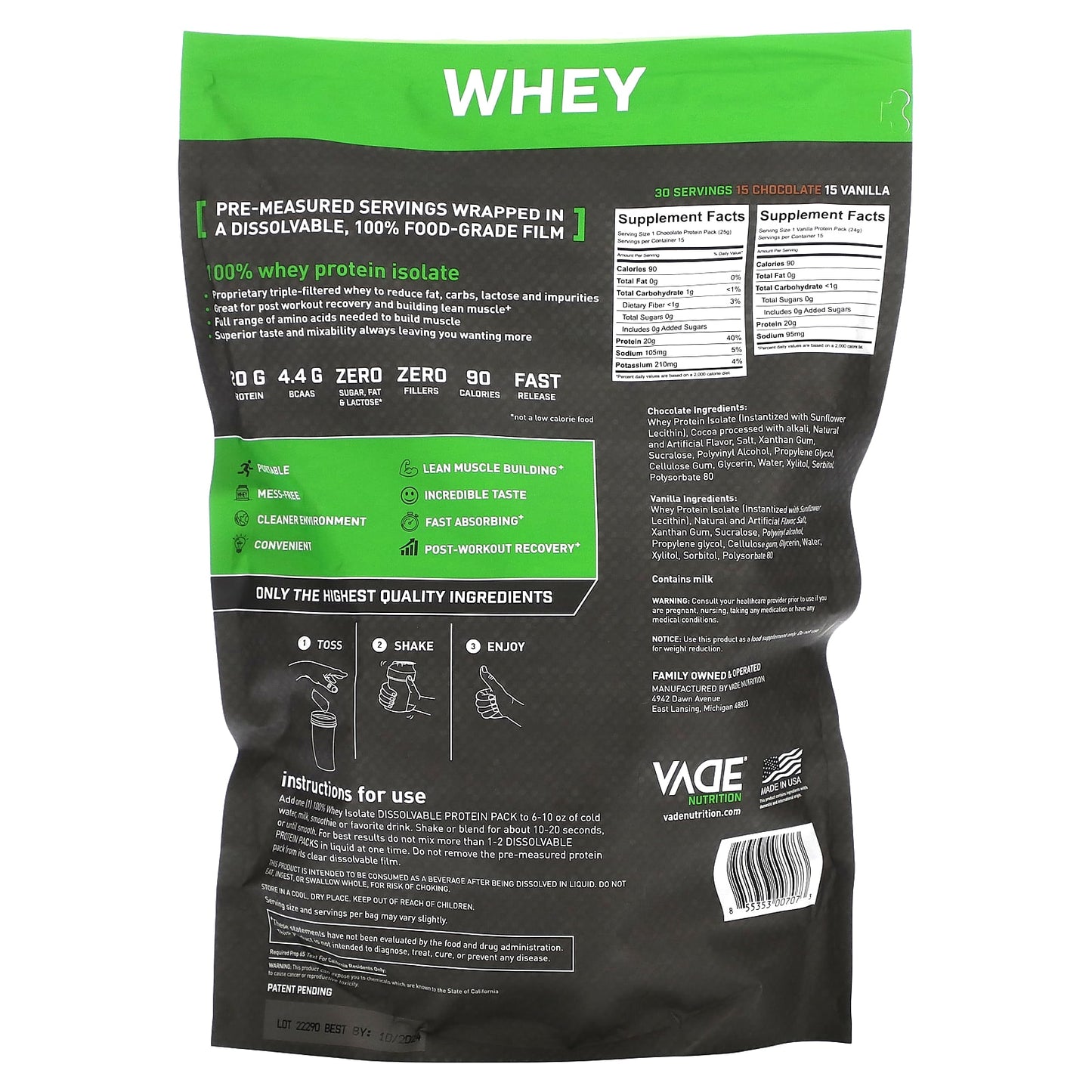 Vade Nutrition, Dissolvable Protein Packs, 100% Whey Isolate, Chocolate & Vanilla, 1.6 lb (735 g)