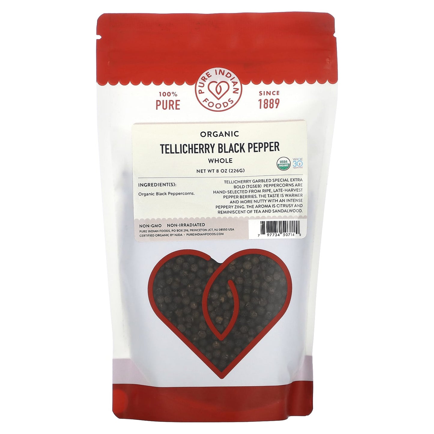 Pure Indian Foods-Organic Tellicherry Black Pepper-Whole -8 oz (226 g)