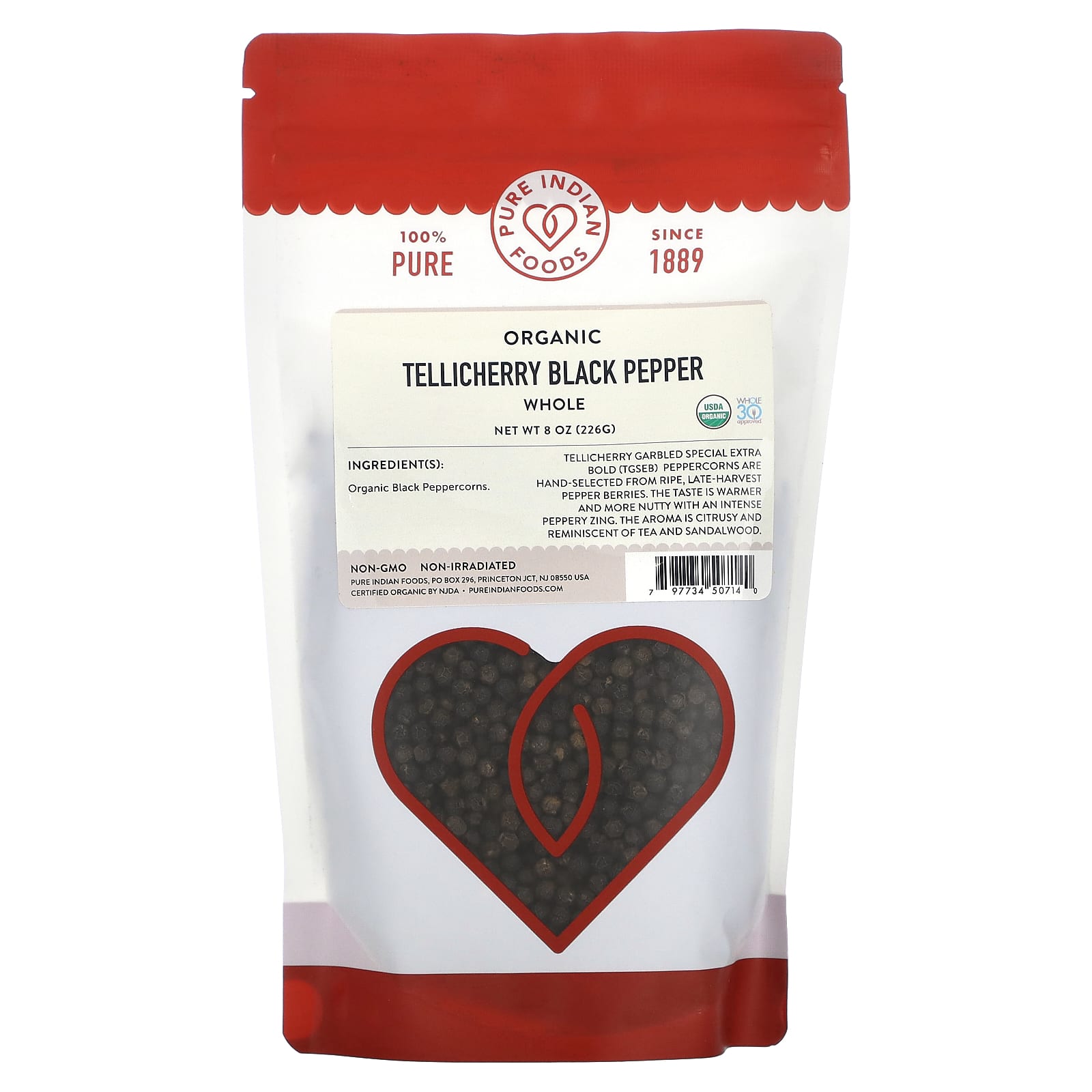 Pure Indian Foods-Organic Tellicherry Black Pepper-Whole -8 oz (226 g)