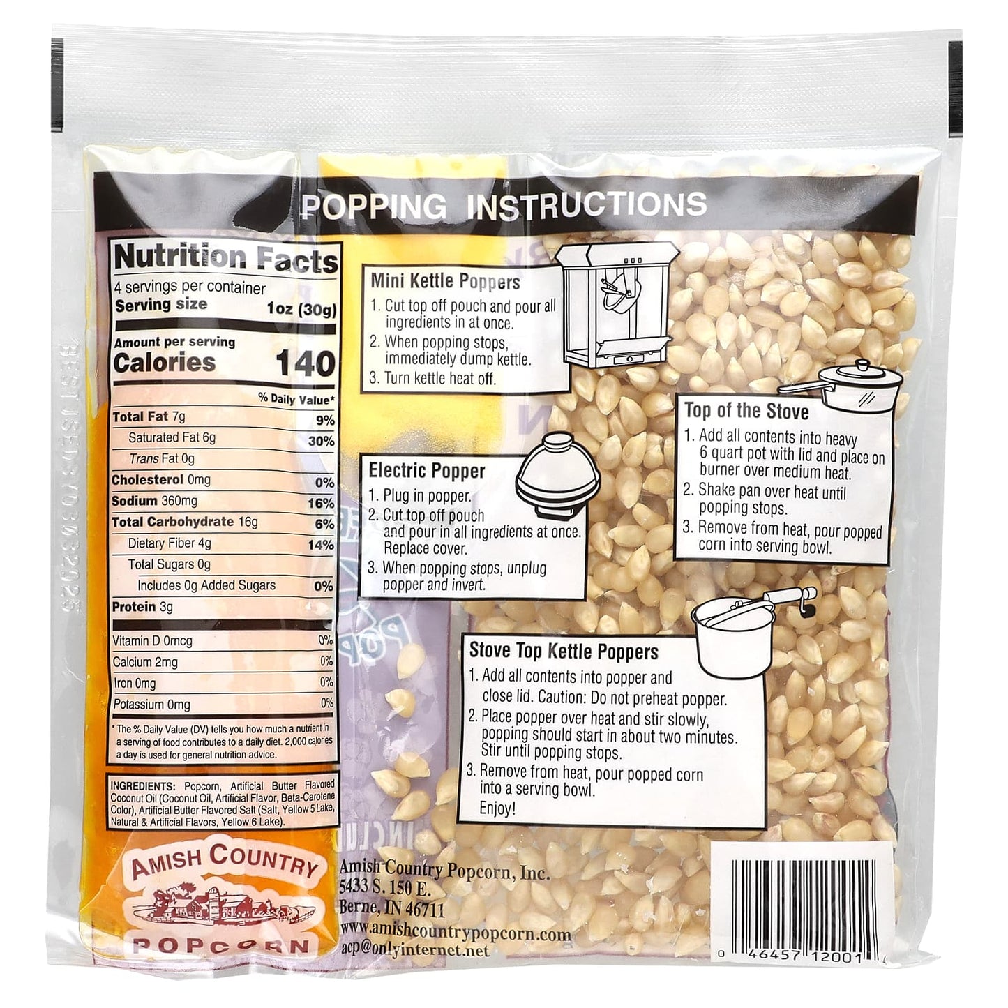 Amish Country Popcorn, Perfect Portions 3 in 1 Popcorn Pack, Medium White Hulless, 5.5 oz (156 g)