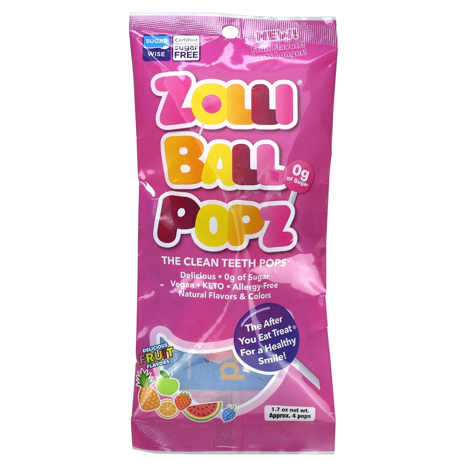 Zollipops-Zolli Ball Popz-The Clean Teeth Pops-Delicious Fruit-Approx. 4 pops-1.7 oz