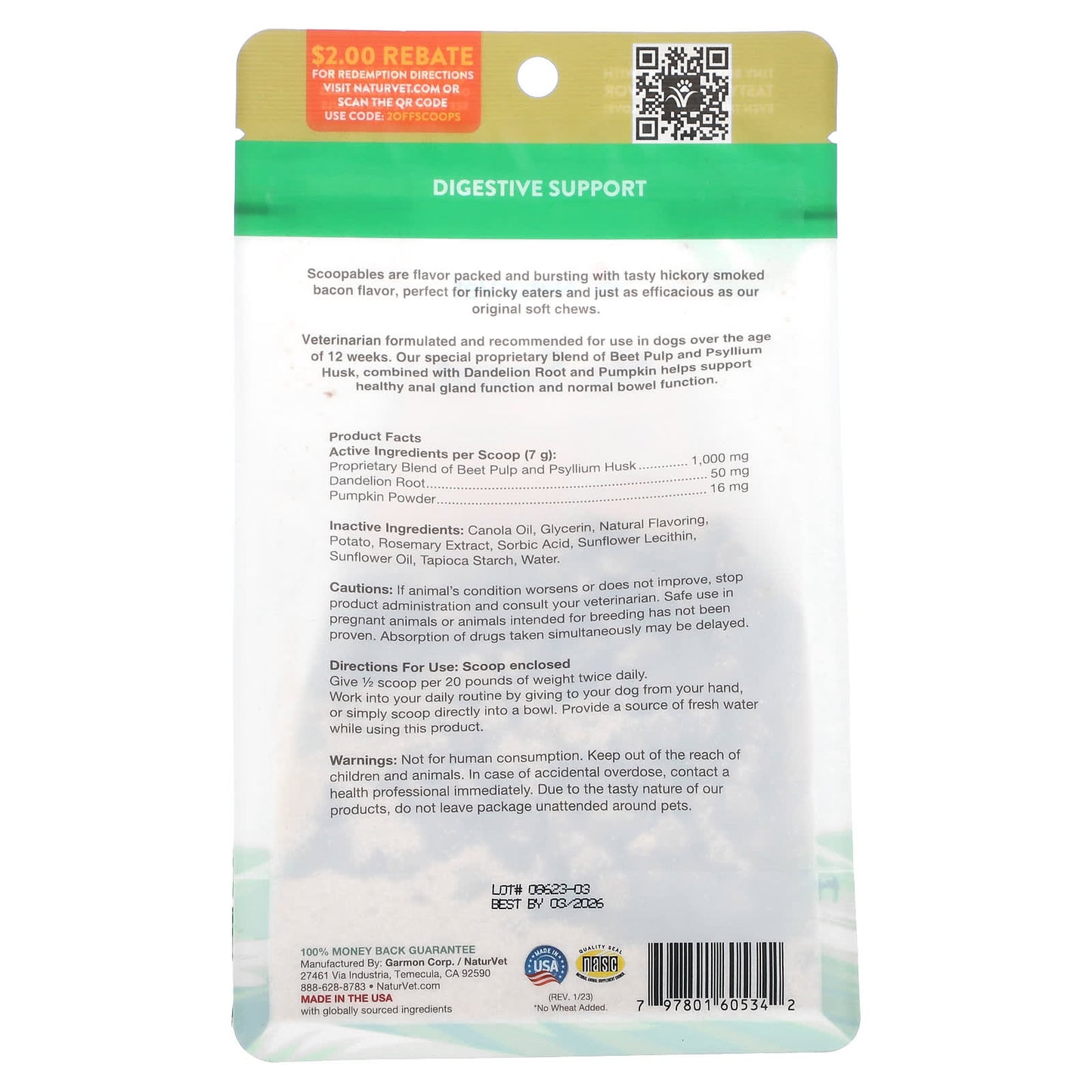 NaturVet, No Scoot Anal Gland Support, Scoopables + Pumpkin, For Dogs, Bacon, 45 Scoops, 11 oz (315 g)