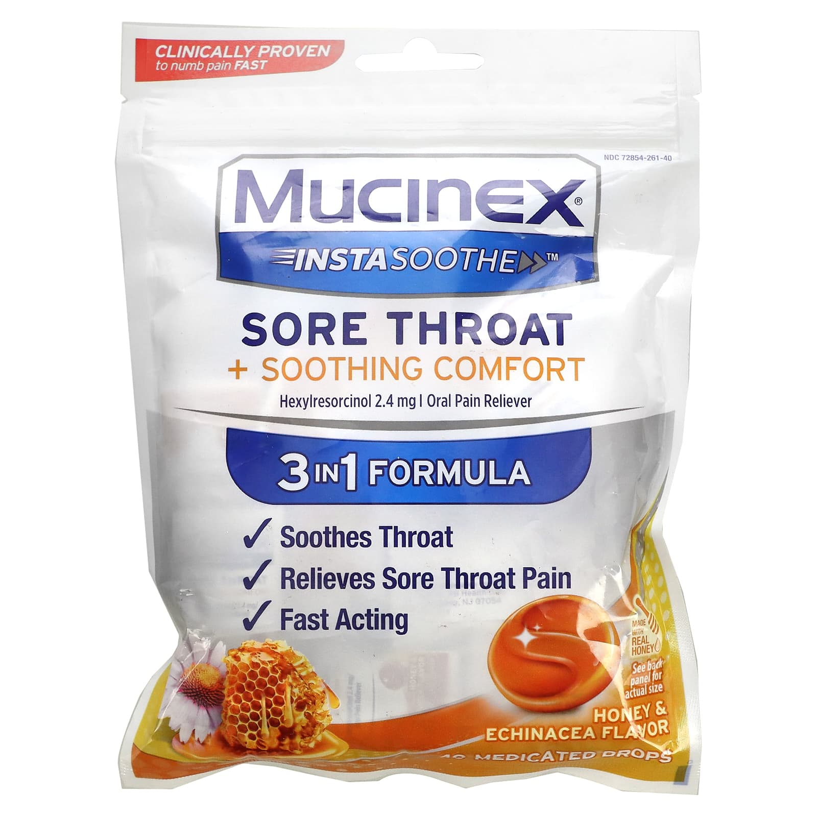 Mucinex-InstaSoothe-Sore Throat + Soothing Comfort-Honey & Echinacea-40 Medicated Drops