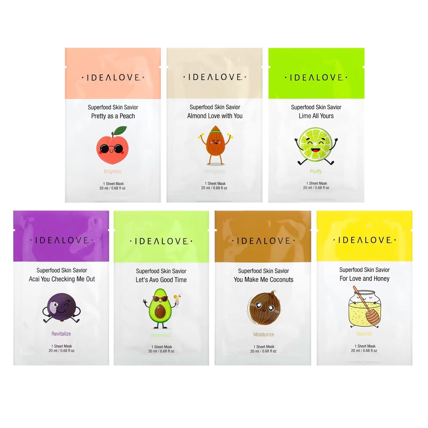 Idealove-Superfood Skin Savior Sheet Masks-Variety-7 Beauty Sheet Masks-0.68 fl oz (20 ml) Each