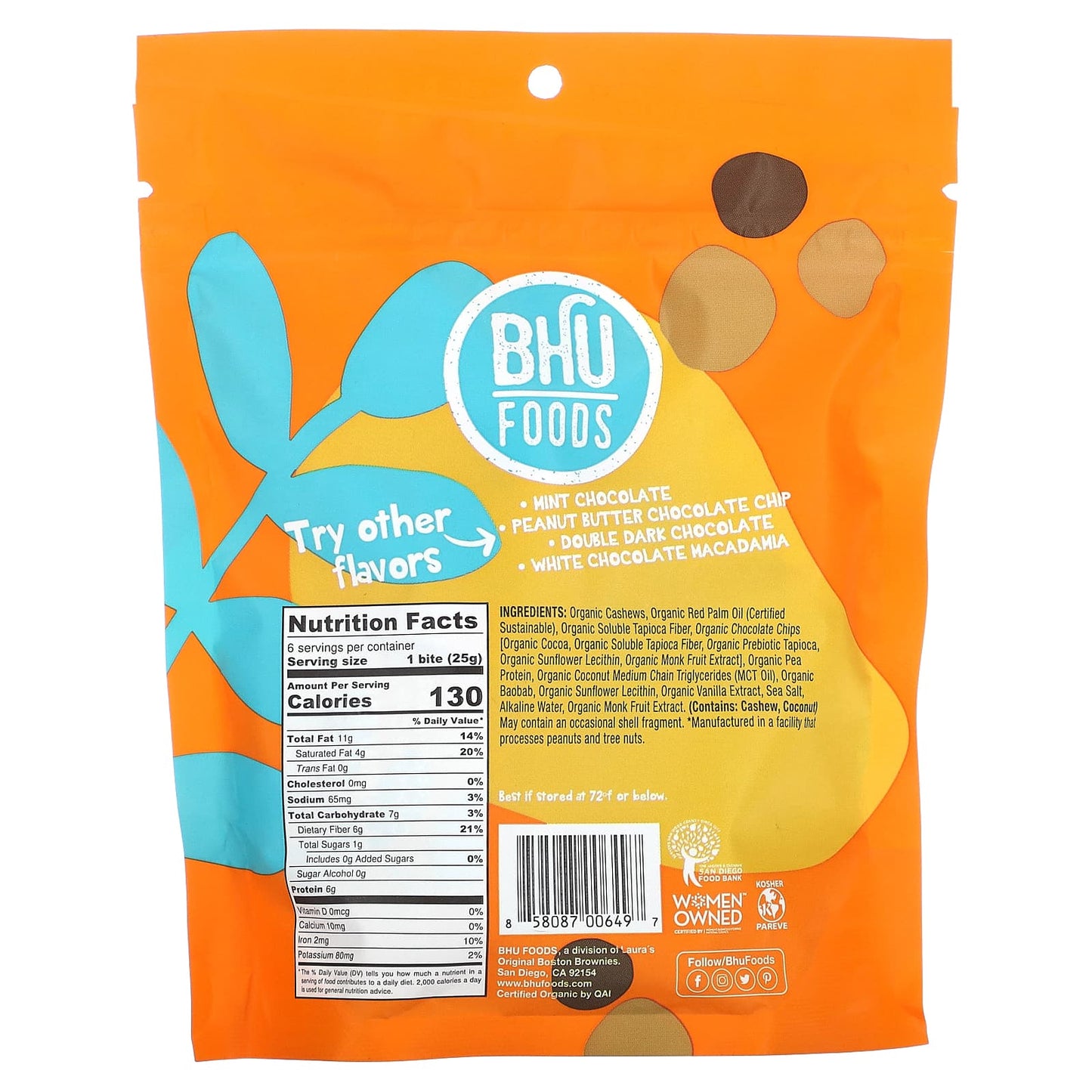 BHU Foods, Protein Bites, Chocolate Chip Cookie Dough, 6 Bites, 0.88 oz (25 g) Each