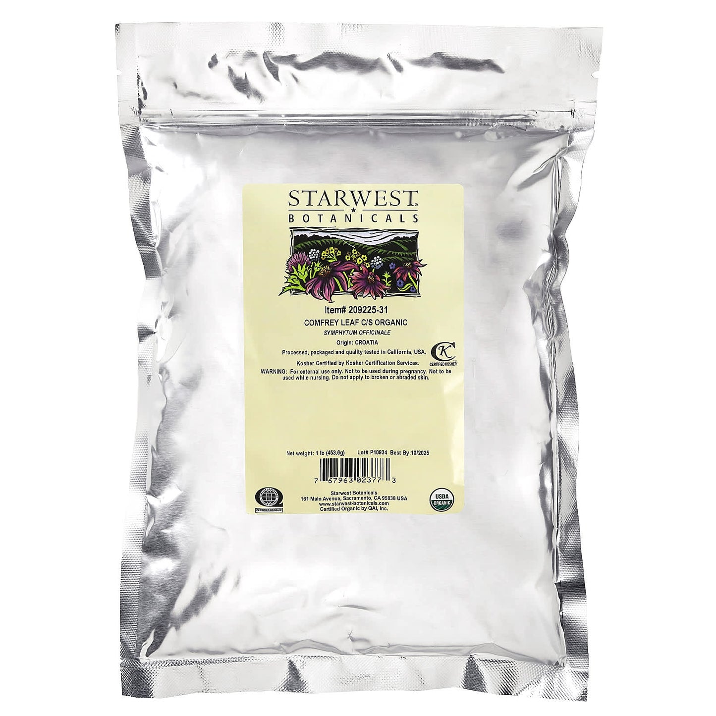 Starwest Botanicals, Organic Comfrey Leaf C/S, 1 lb (453.6 g)