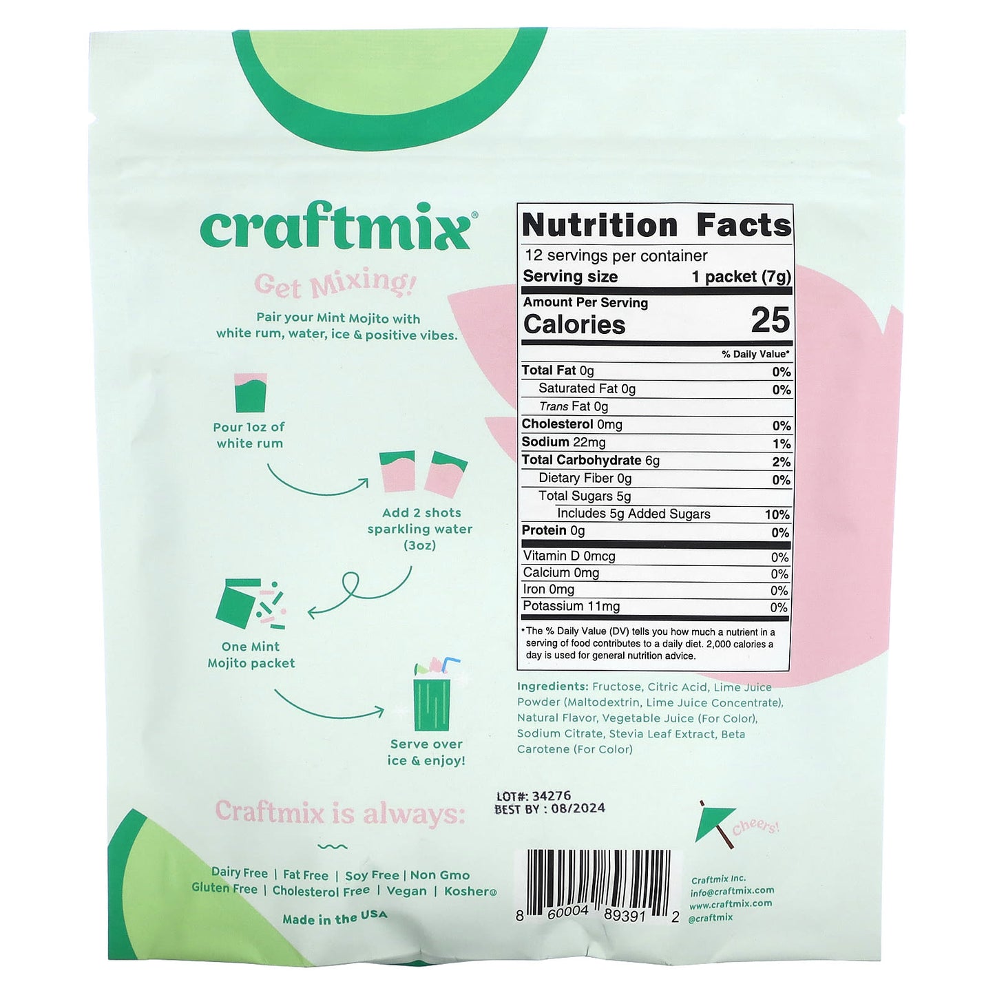 Craftmix, Cocktail Mix Packets, Mint Mojito, 12 Packets, 2.96 oz (84 g)