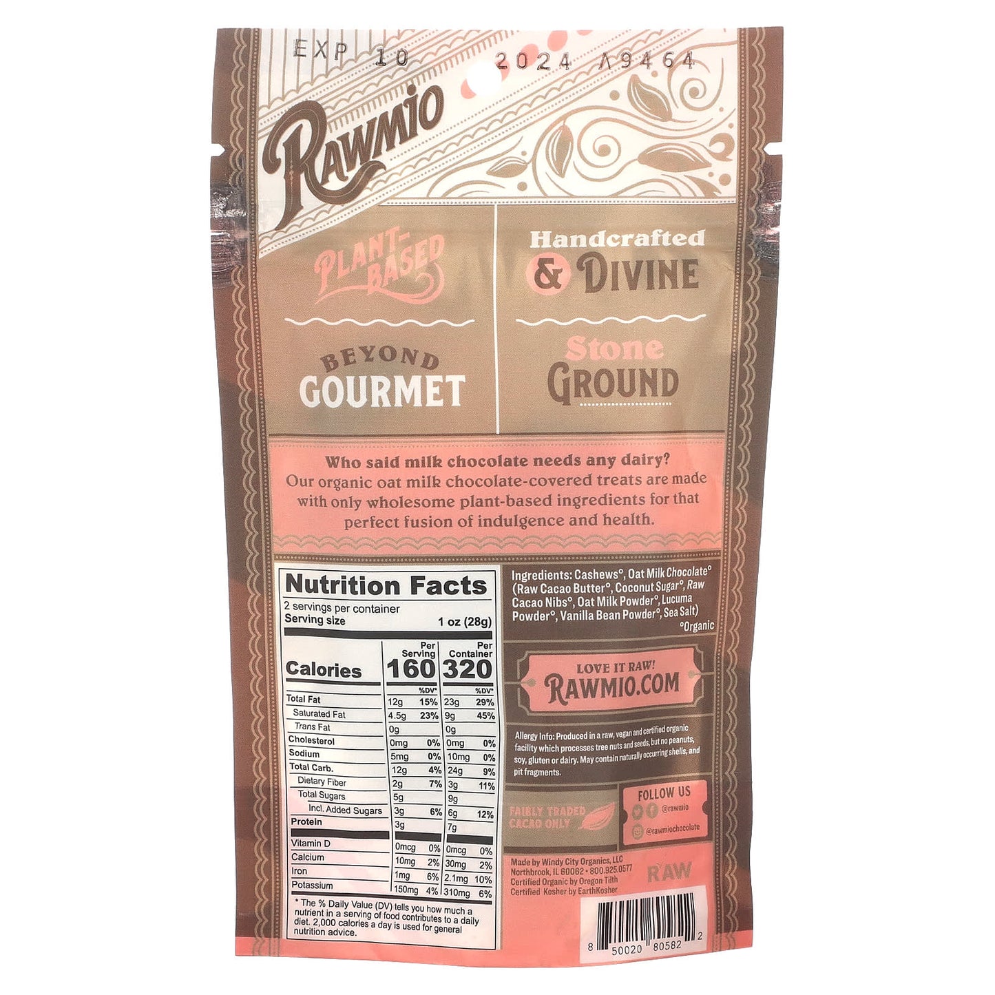 Rawmio, Oat Milk Chocolate Covered Cashews, 2 oz (56.7 g)