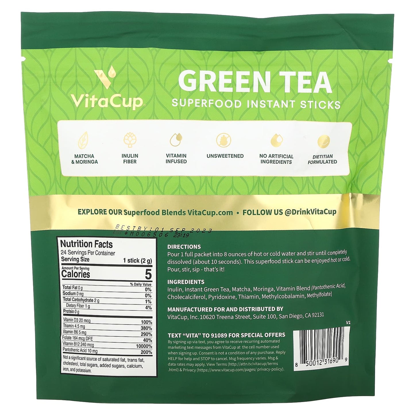 VitaCup, Green Tea, Superfood Instant Sticks, Unsweetened, 24 On-The-Go Sticks, 0.07 oz (2 g) Each