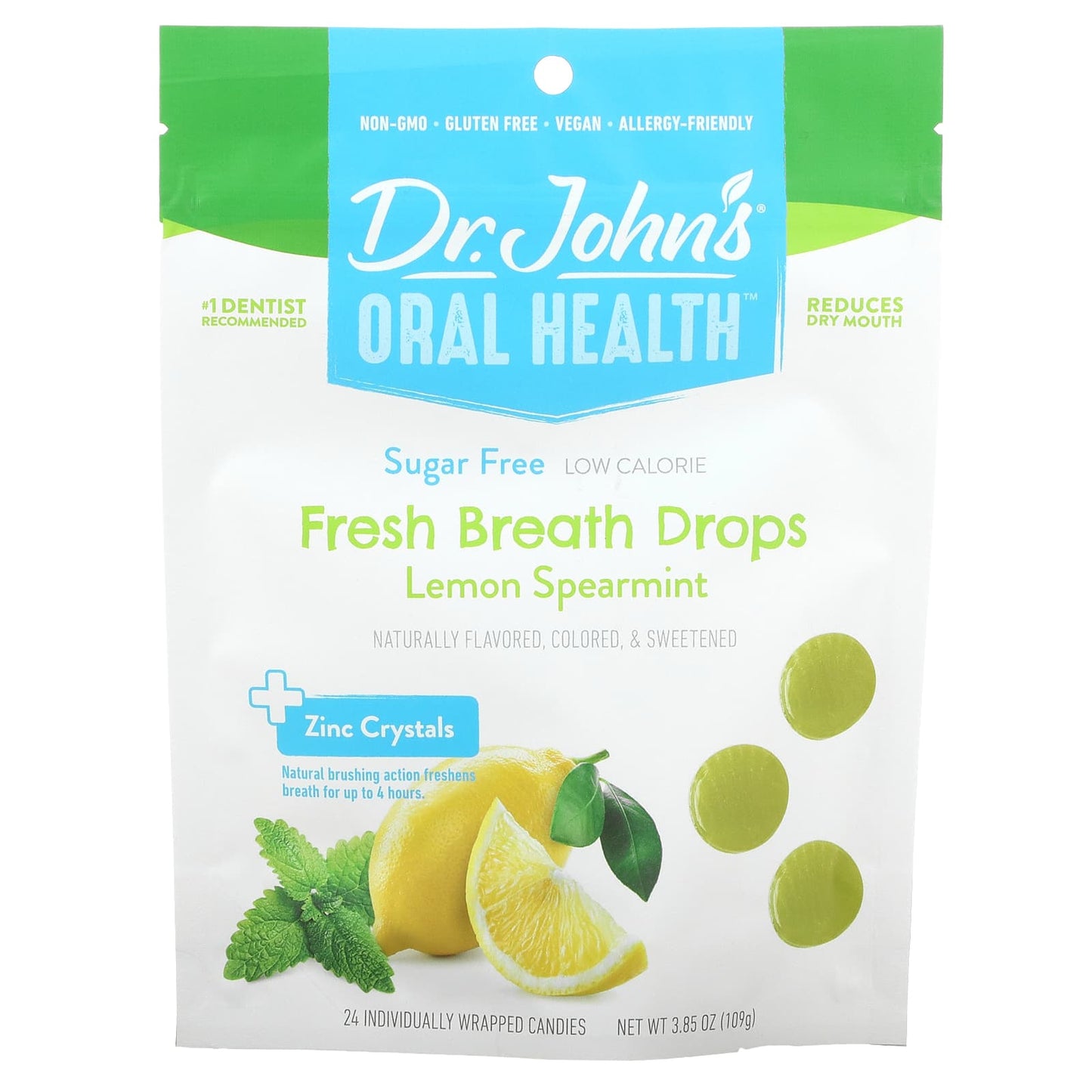 Dr. John's Healthy Sweets-Oral Health-Fresh Breath Drops-+ Zinc Crystals-Lemon Spearmint-Sugar Free-24 Individually Wrapped Candies-3.85 oz (109 g)