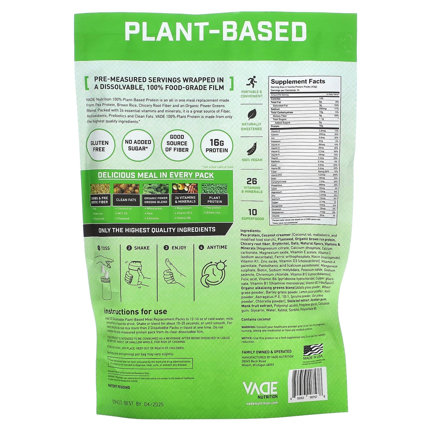 Vade Nutrition, Dissolvable Protein Packs, 100% Plant Meal Replacement, Vanilla Bean, 1.33 lb (602 g)