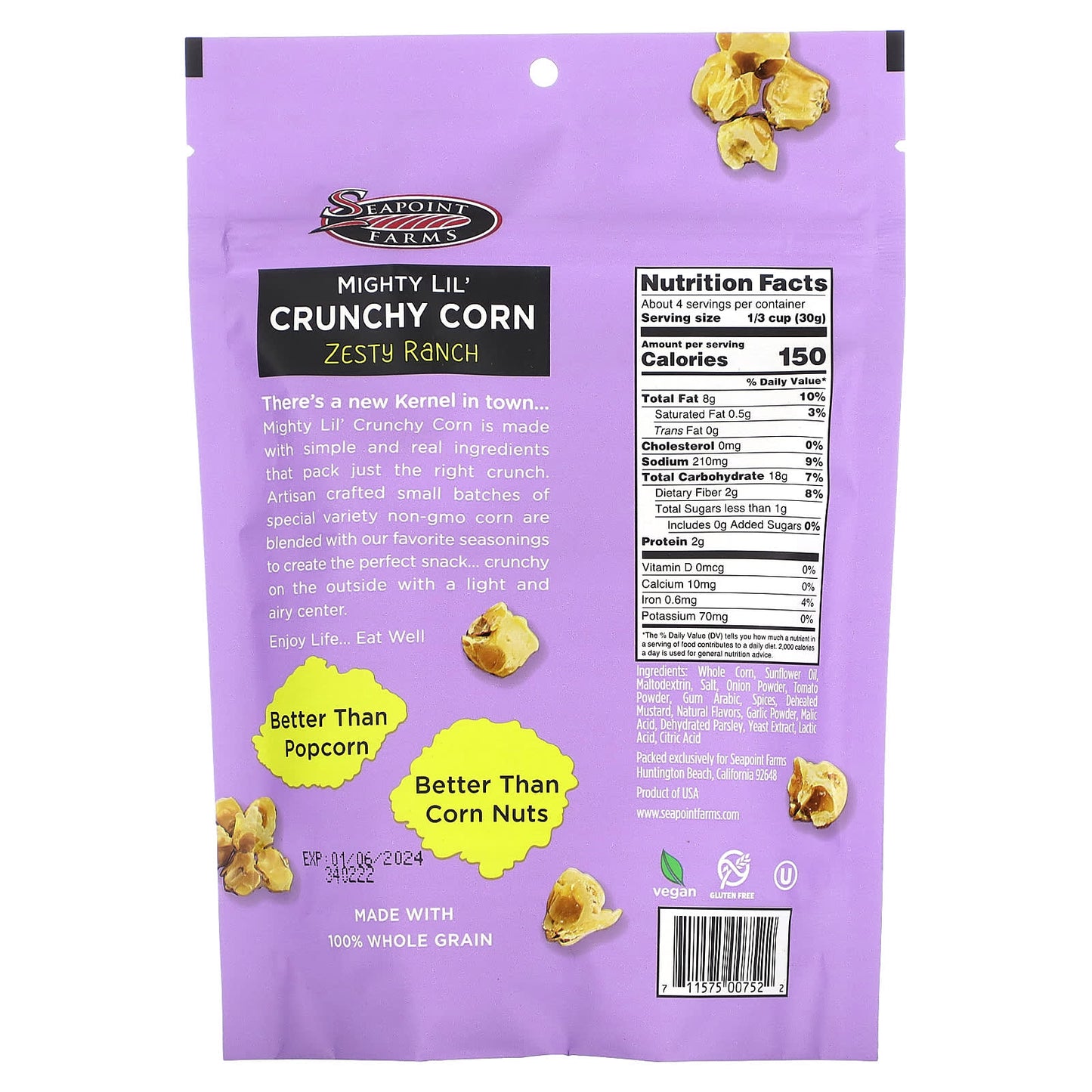 Seapoint Farms, Mighty Lil' Crunchy Corn, Zesty Ranch, 4 oz (113 g)