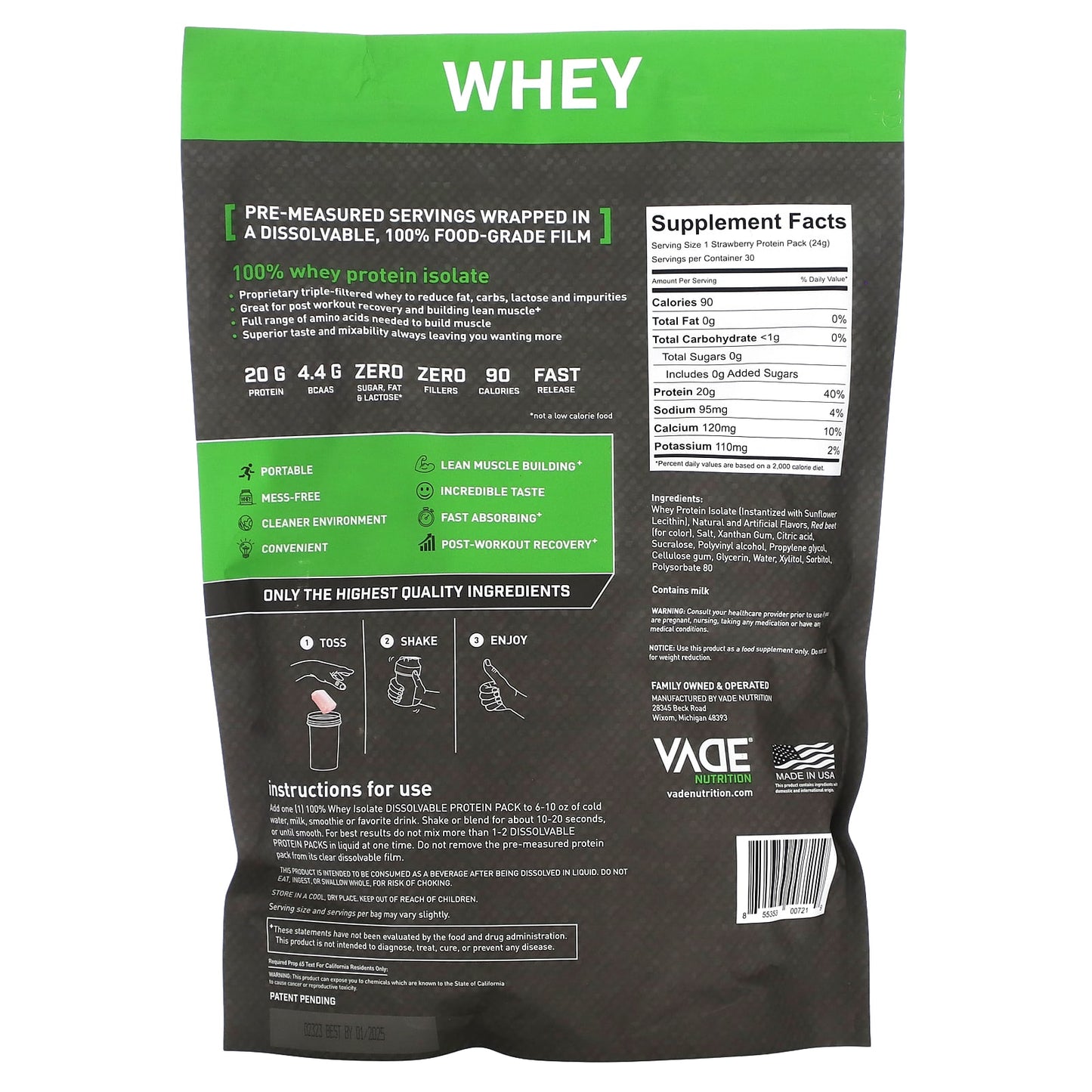 Vade Nutrition, Dissolvable Protein Packs, 100% Whey Isolate, Strawberry Milkshake, 1.6 lb (720 g)