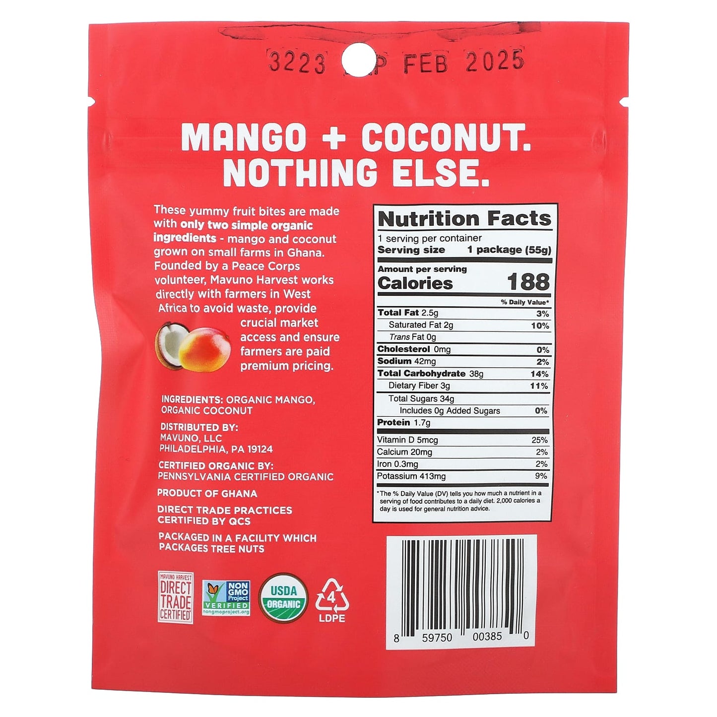 Mavuno Harvest, Organic Chewy Fruit Bites, Mango + Coconut, 1.94 oz (55 g)