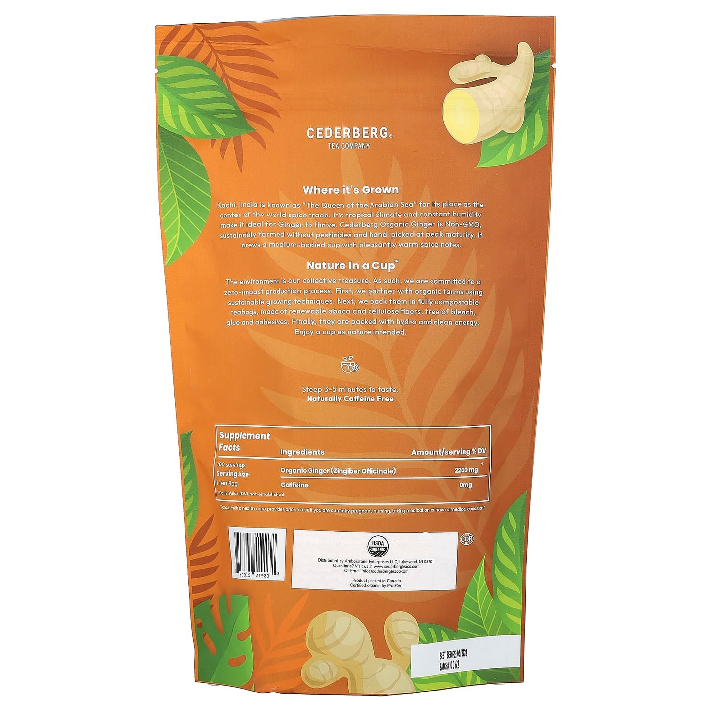 Cederberg Tea Co, Organic Ginger, Caffeine Free, 100 Natural Tea Bags, 7.76 oz (220 g)