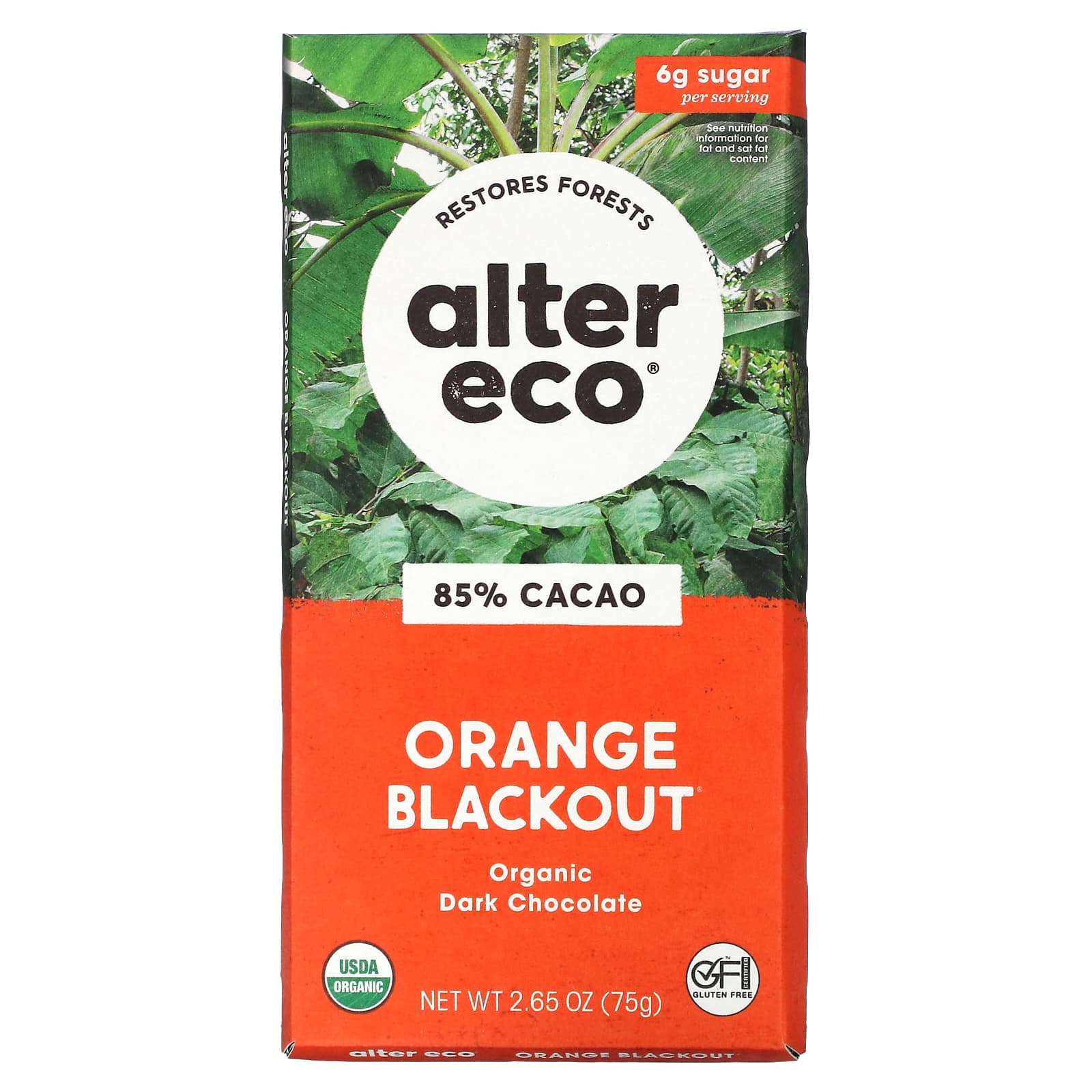 Alter Eco-Organic Dark Chocolate Bar-Orange Blackout-85% Cacao-2.65 oz (75 g)