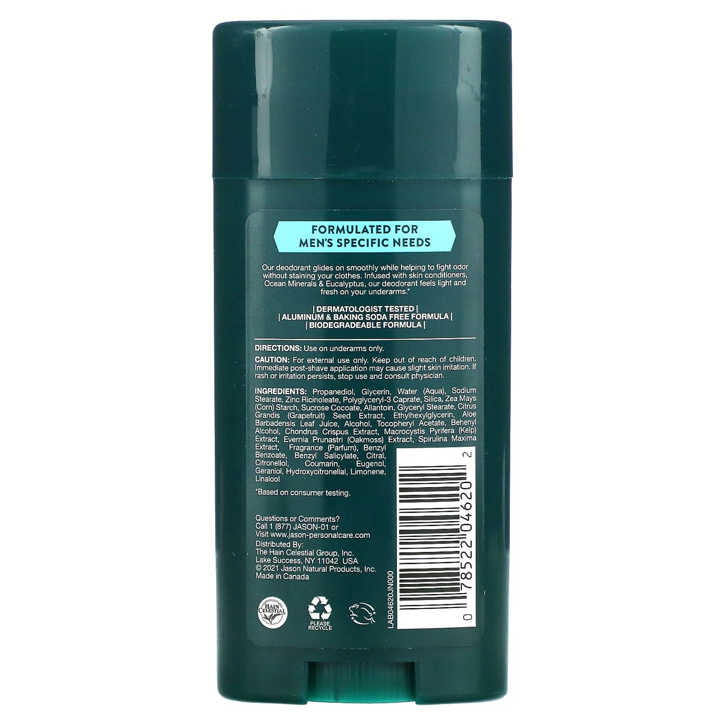 Jason Natural, Men's, Deodorant, Ocean Minerals + Eucalyptus,  2.5 oz (71 g)