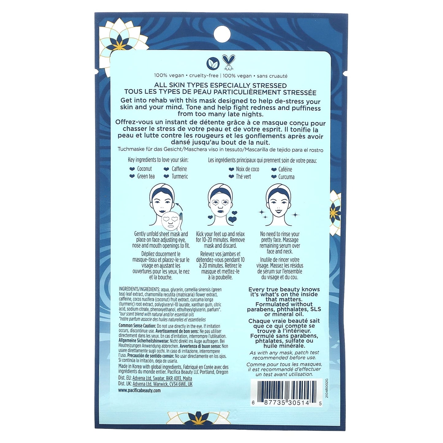 Pacifica, Stress Rehab, Coconut & Caffeine Beauty Facial Mask , 1 Sheet Mask, 0.67 fl oz (20 ml)