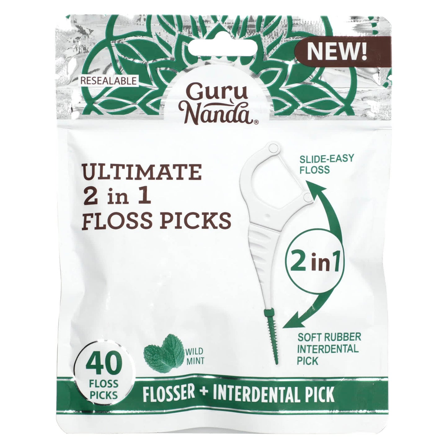 GuruNanda-Ultimate 2 in 1 Floss Picks-Wild Mint -40 Floss picks