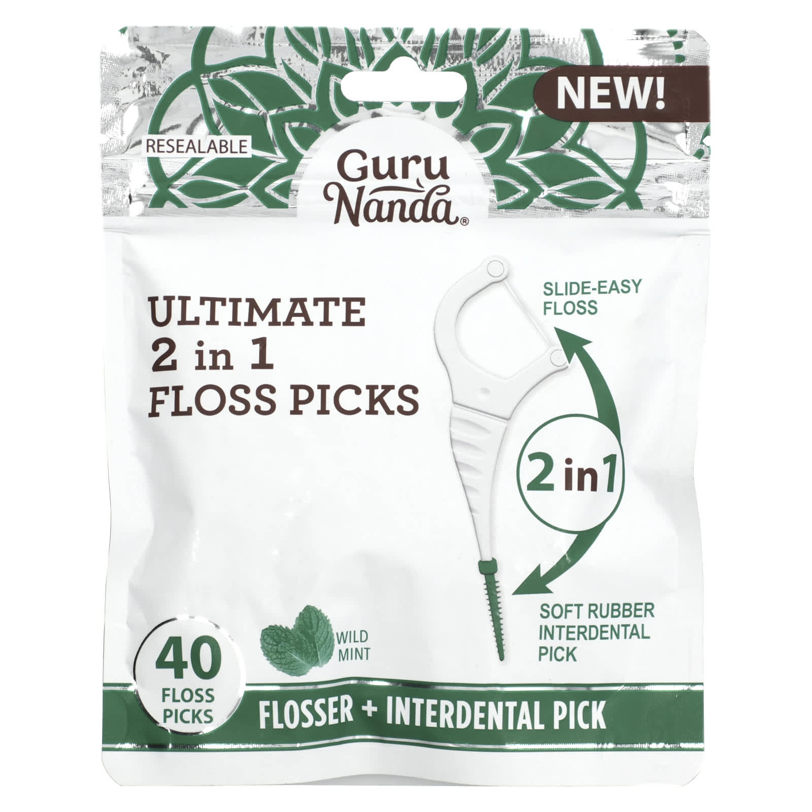 GuruNanda-Ultimate 2 in 1 Floss Picks-Wild Mint -40 Floss picks