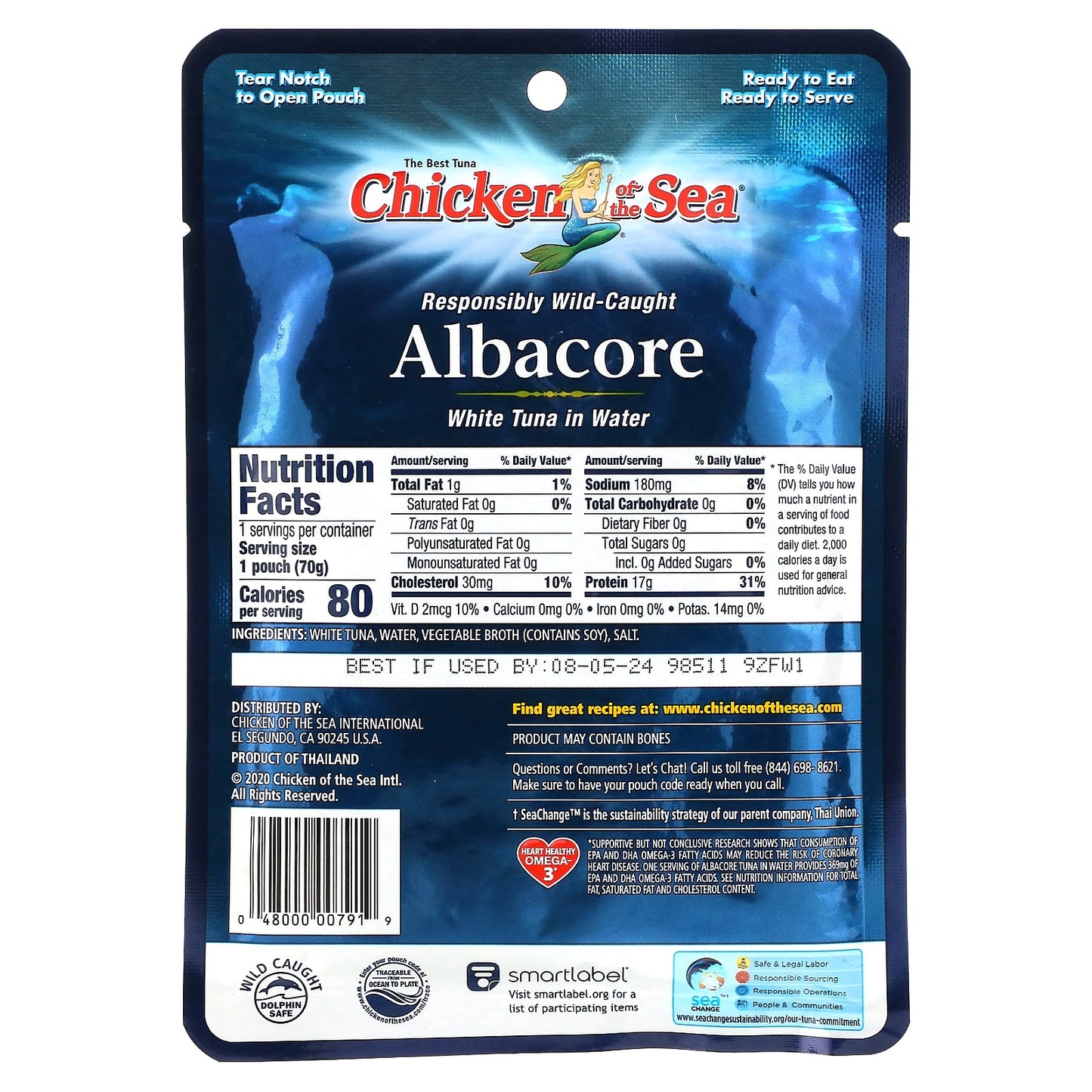 Chicken of the Sea, Wild-Caught Albacore, White Tuna in Water, 2.5 oz (70 g)