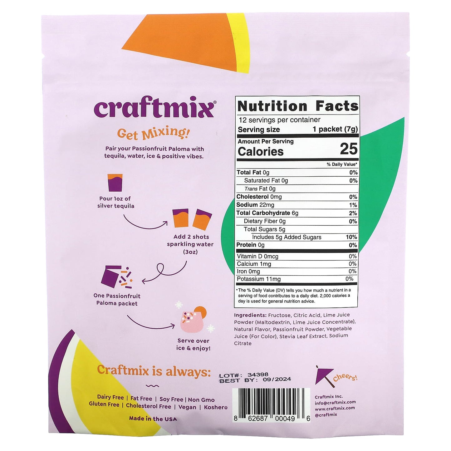 Craftmix, Cocktail Mix Packets, Passionfruit Paloma, 12 Packets, 2.96 oz (84 g) Each