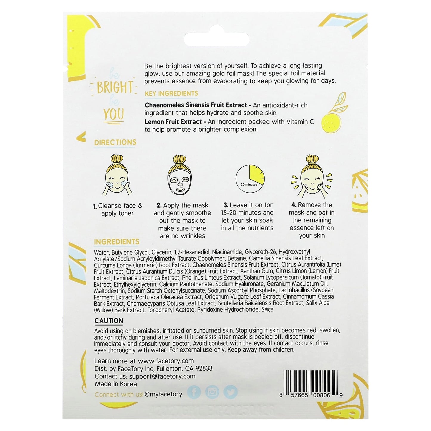 FaceTory, Be Bright Be You, Brightening Gold Foil Beauty Mask, 1 Sheet, 0.88 fl oz (26 g)