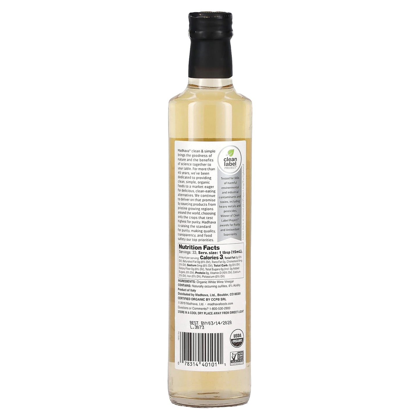 Madhava Natural Sweeteners, Organic White Wine Vinegar, 16.9 fl oz