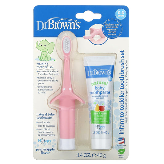 Dr. Brown's-Infant to Toddler Toothbrush Set-0-3 Years-Pear & Apple-Pink-1.4 oz (40 g)