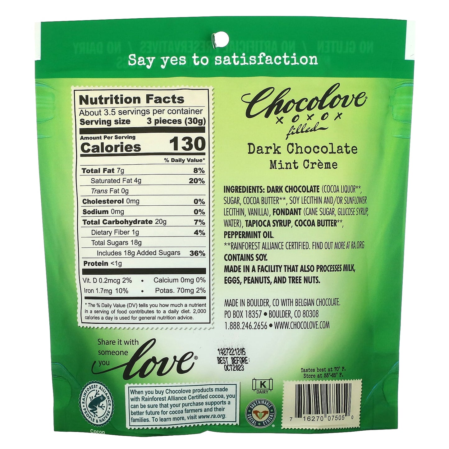 Chocolove, Filled Dark Chocolate, Mint Creme, 55% Cocoa, 3.5 oz (100 g)