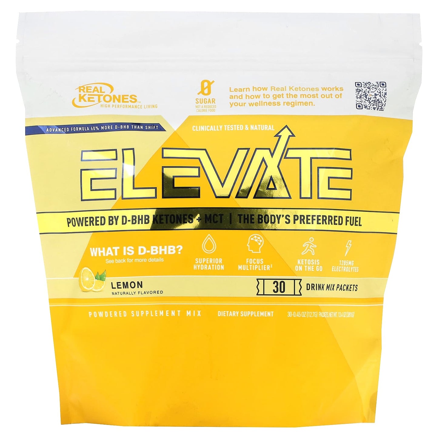 Real Ketones-Elevate-Lemon -30 Drink Mix Packets-0.45 oz (12.7 g) Each