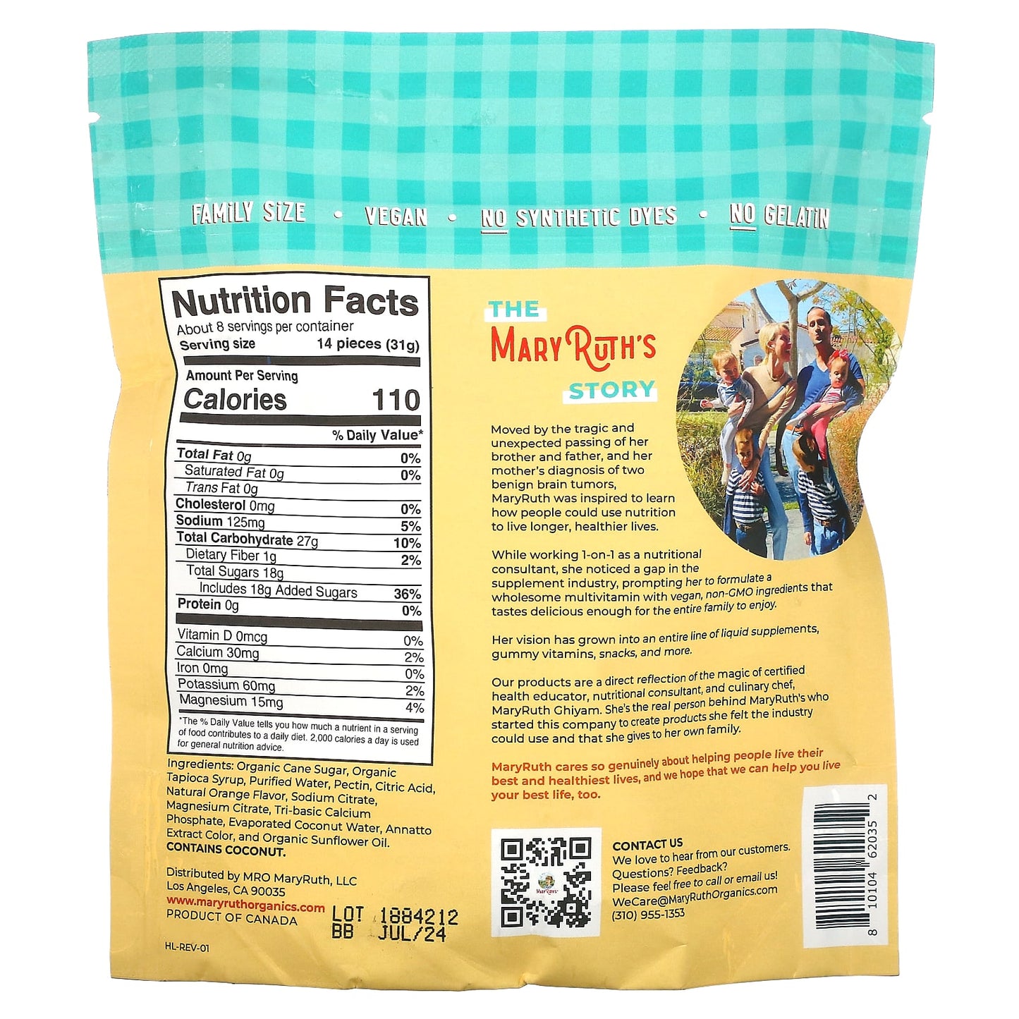 MaryRuth's, Gummy Bear Snacks with Electrolytes and Fiber, Orange, 240 g