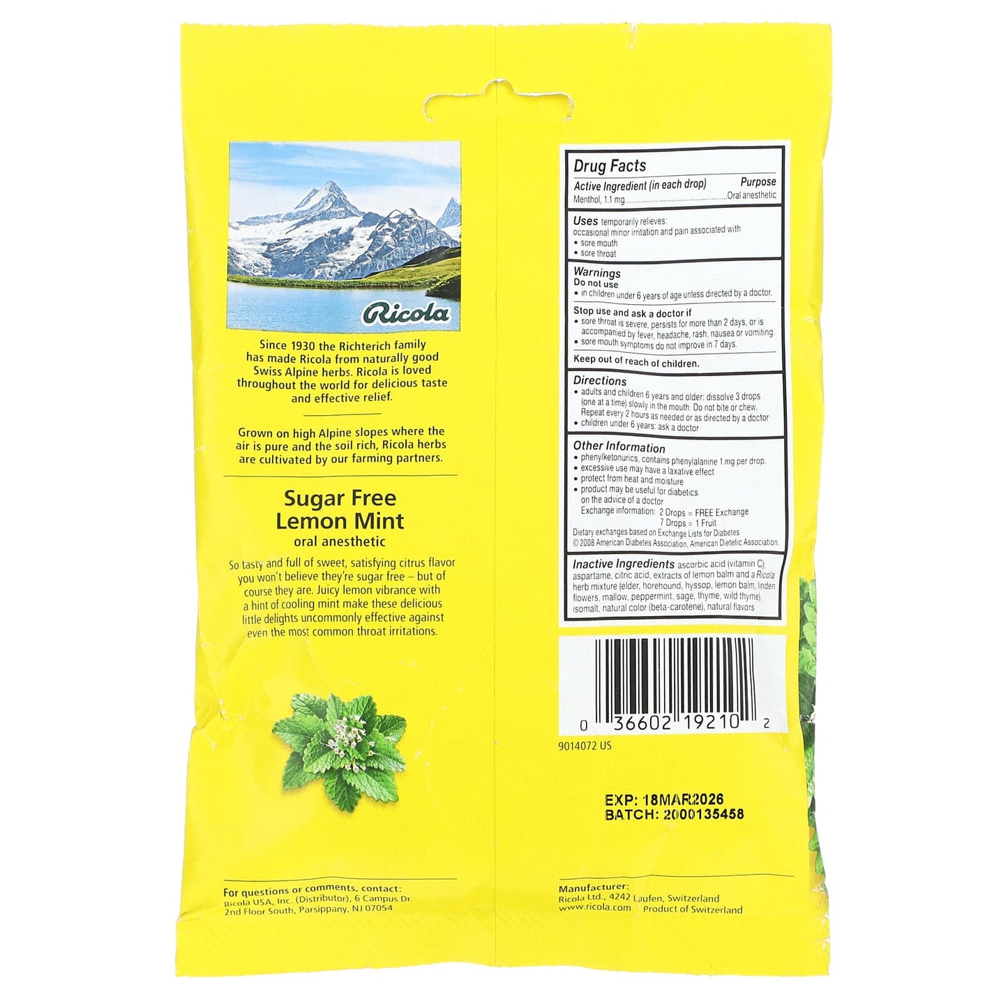 Ricola, Oral Anesthetic, Sugar Free, Lemon Mint, 19 Wrapped Drops