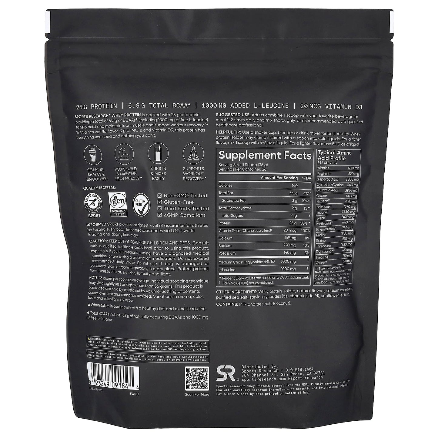 Sports Research, Whey Protein, Creamy Vanilla, 2.06 lb (0.94 kg)