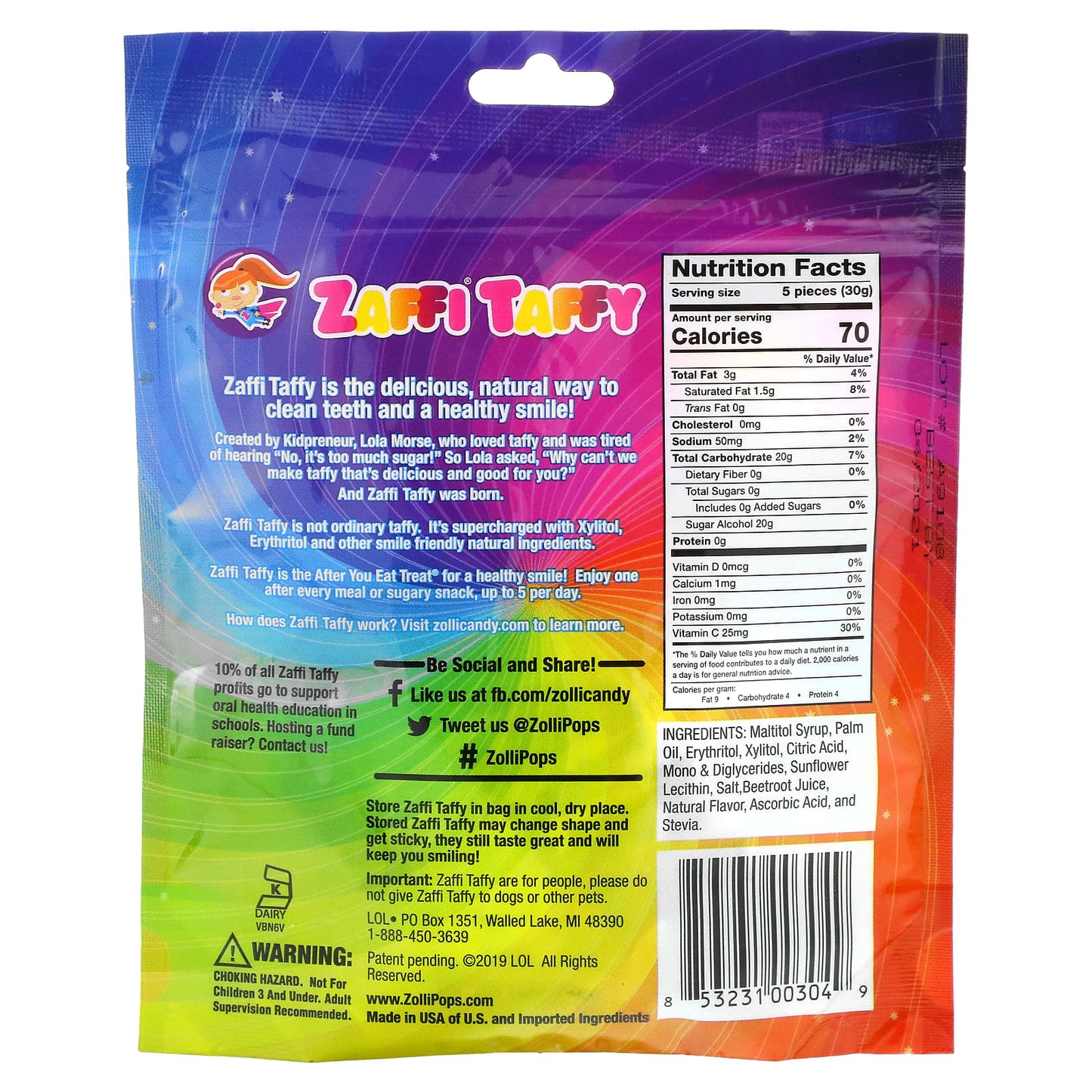 Zollipops, Zaffi Taffy, Clean Teeth Taffy, Delicious Fruit Flavors, 1.6 oz