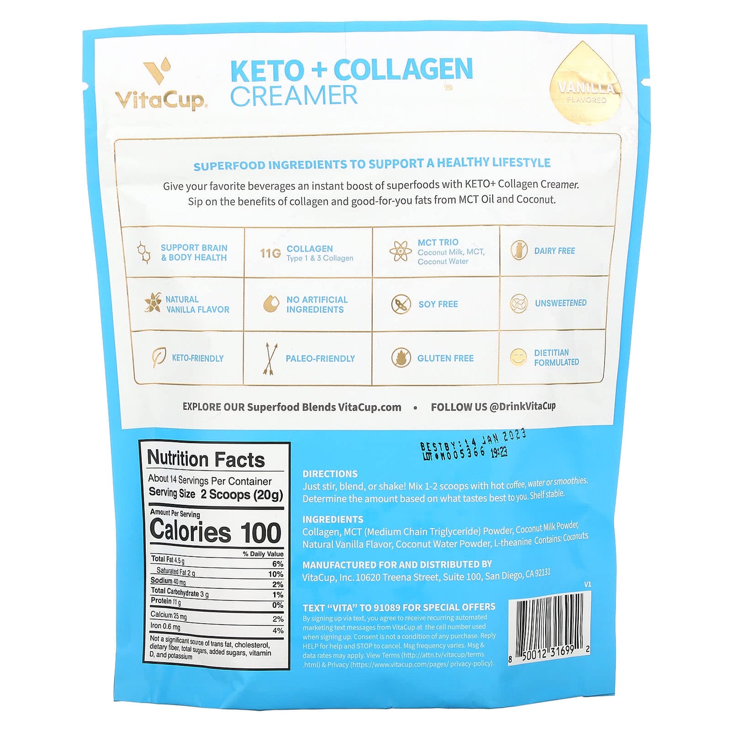 VitaCup, Keto + Collagen Creamer, Vanilla, 10 oz (284 g)